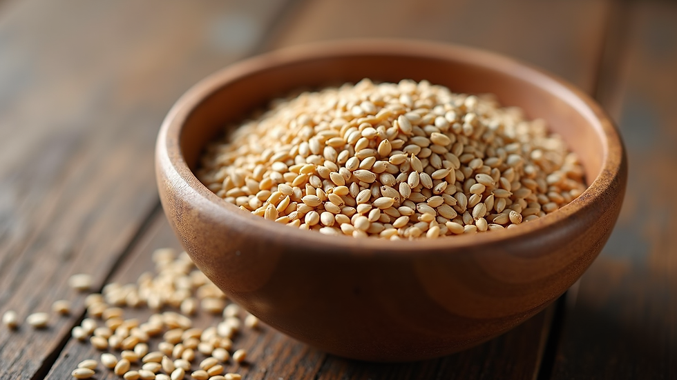 Close-up view of hemp seeds in a wooden bowl on a rustic surface