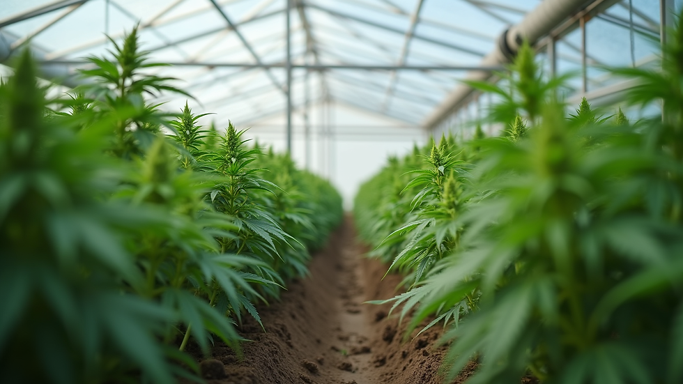 Eye-level view of hemp plants growing in a greenhouse