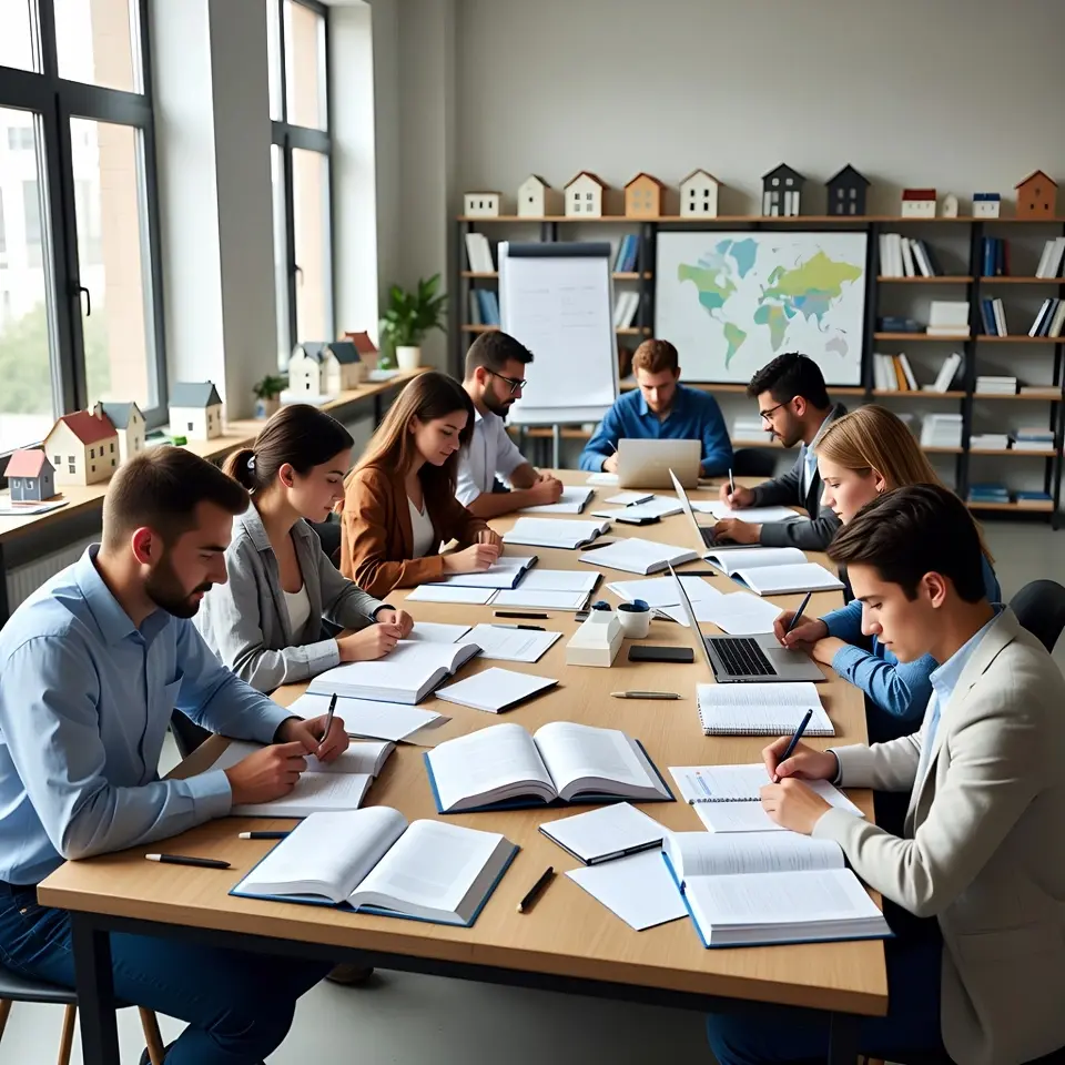 Aspiring real estate agents studying together in a modern classroom