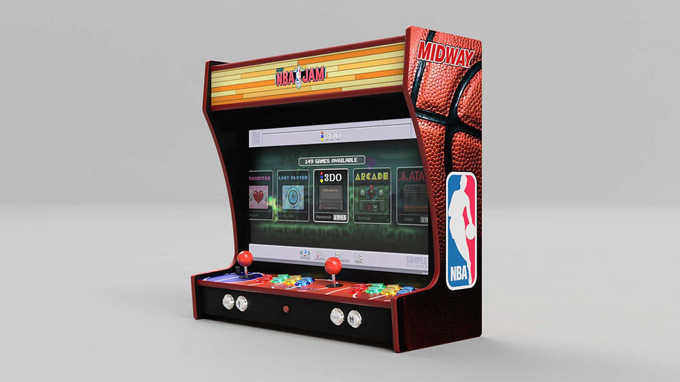 Front-right perspective of NBA Jam MINICADE-25 showing side artwork and 25″ 1080p 75 Hz screen.