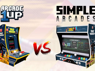 Arcade1Up and Simple Arcades cabinets side by side with Space Invaders artwork and a “Versus” between them, showing clear differences in design and build quality.