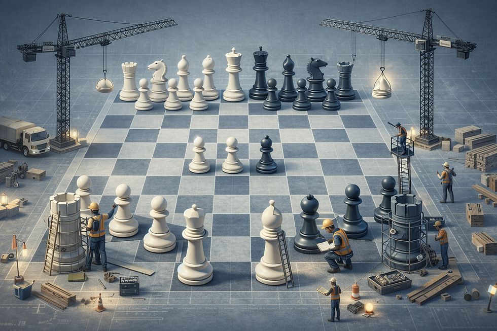 Construction workers build giant chess pieces on a life-size board. Cranes, trucks, and scattered tools create an industrial scene.