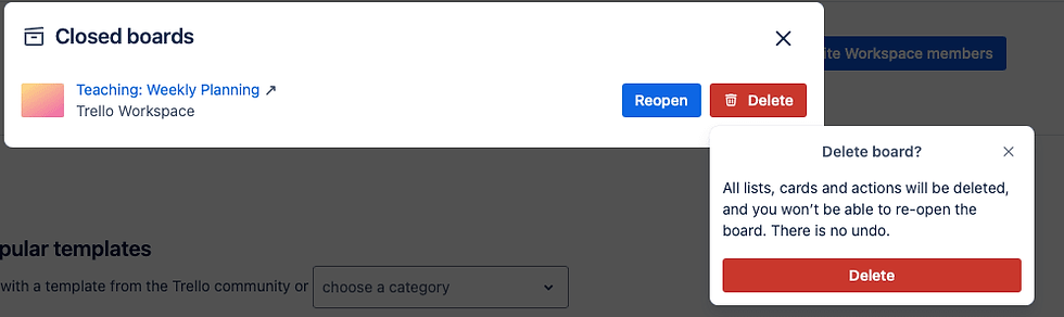 Screenshot of Deleting a board from the closed boards section