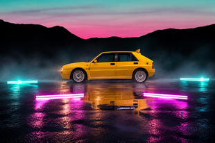 Yellow Lancia Delta in Wet Neon Dusk-5