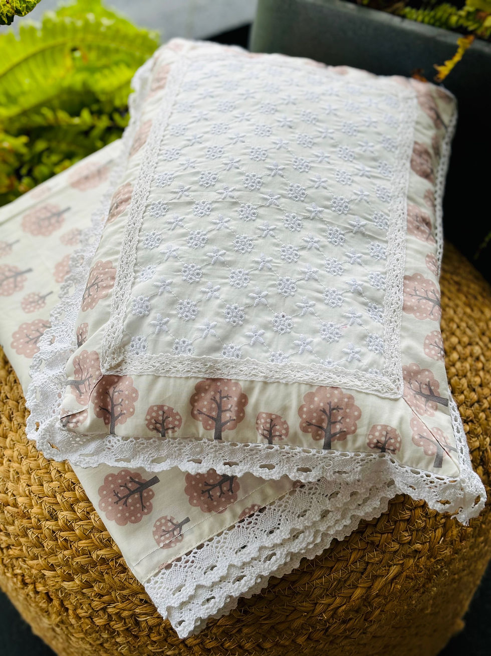 Baby Bedding Set in Pink Tree Theme with Lace Detailing