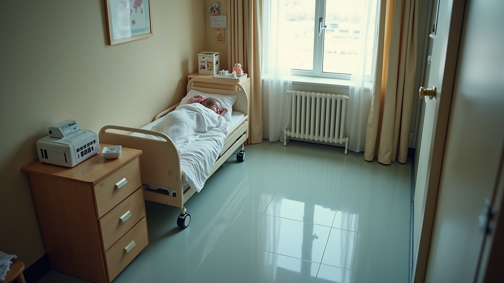 High angle view of a cozy birthing room with supportive items