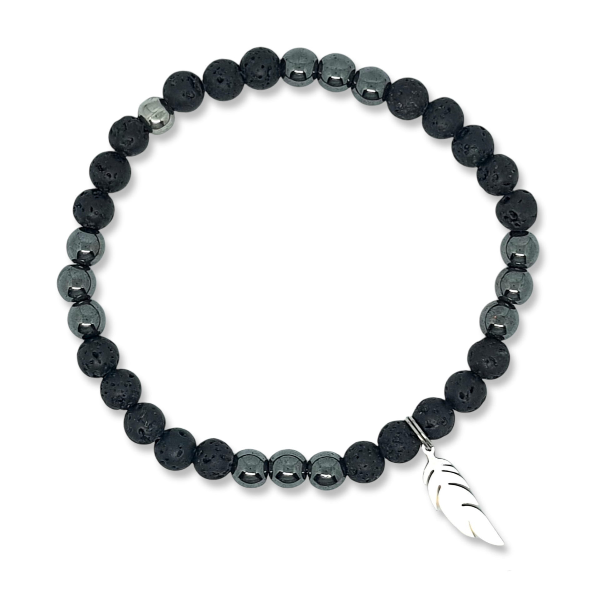 Lava Stone & Hematite Feather Charm Stacking Bracelet