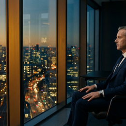 A composed executive stands at a glass window overlooking a lit city at dusk, expression calm but distant. The image captures the quiet weight of high performance without visible struggle, representing the state of languishing in leadership where the nervous system goes flat before burnout arrives. Mood: still, reflective, the cost of carrying too much for too long.
