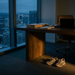 An empty office at dawn with a closed laptop and stacked folders on the desk, and a pair of worn running shoes on the floor in a strip of early sunlight. The scene feels quiet and reflective, a workspace that carried a long season with one small change beside it.
