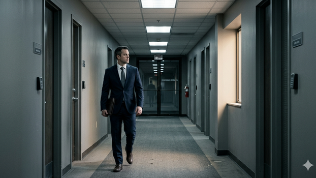 An executive stands frozen mid-step in a long corporate hallway, looking toward a closed door. The image captures the physical experience of chronic workplace threat and the performance collapse that happens before any official announcement. The mood is uncertainty held in the body.