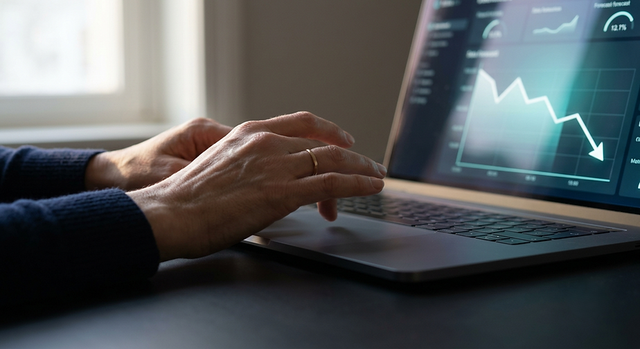 Close-up of hands typing on a laptop late into the night beside a screen showing a downward trend, the moment when tired decisions meet declining numbers.