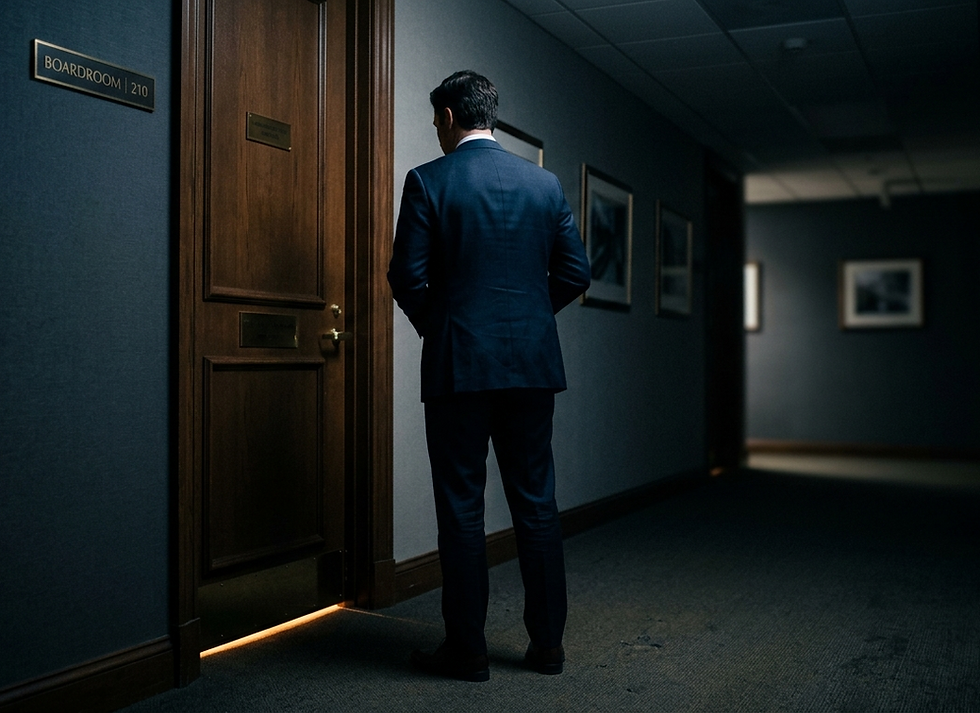 A leader stands alone in a shadowed hallway outside a closed office door, caught in the quiet moment before entering. The image captures the tension of not yet knowing what mood waits on the other side, a feeling many leaders carry every day without naming it.