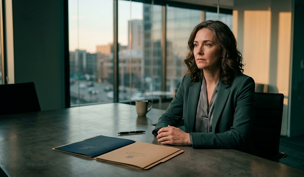 A professional executive in her mid-forties sits still at a conference table in late afternoon light, two decisions in front of her, unable to choose either. The image captures the quiet depletion of a prefrontal cortex that has run out of fuel, not a personal failure but a biology event. Relevant to decision fatigue, nervous system regulation, and neuroleadership coaching for executives.