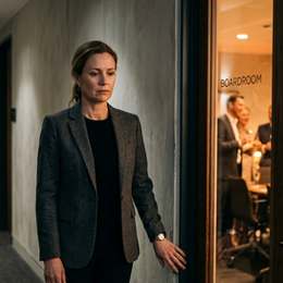 A leader stands alone in a hallway just outside a celebration, expression conflicted rather than joyful, caught in the pause between achieving something and being able to receive it. The image captures the specific nervous system experience of feeling like a fraud right after a win, visible not in the face of failure but at the threshold of success.