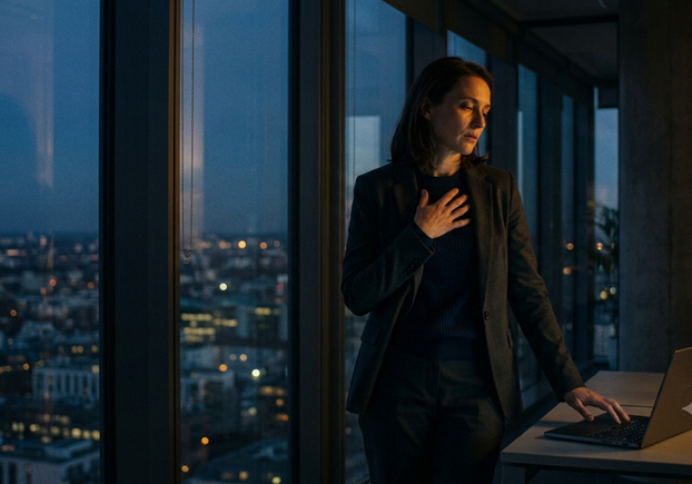 A leader stands alone at a dusk office window, one hand on a laptop with a faint AI glow, the other pressed to their chest in quiet exhaustion. The image conveys the heavy, unseen weight of taking on more responsibility without real recognition.