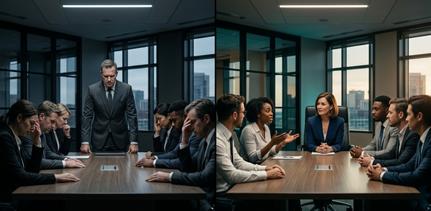 A split-image showing the contrast between a dysregulated executive whose body language causes the whole team to shut down in silence, and a regulated leader whose calm presence opens the room and invites honest conversation. The image illustrates polyvagal co-regulation in leadership, the neuroscience principle that a leader's nervous system state transmits directly to their team, collapsing or building psychological safety depending on whether the leader is a thermostat or a thermometer.