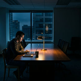 A leader alone at a desk late at night, one warm lamp on the face, a face-down phone nearby, a dark city visible through the window behind. The image carries a still, private heaviness, the moment before deciding whether to say the hard thing to another person.