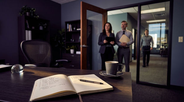 An untouched notebook and a cold cup of coffee sit on a desk in the foreground while colleagues wait in an office doorway with questions. A band of late light falls across the unread list. The mood is quiet and crowded at once, a plan that never got its hour.