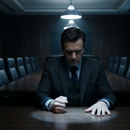 An executive sits alone at a long boardroom table under a single overhead light. One hand is open, one is clenched. The image captures the weight of a high-stakes decision in a moment of pressure, used to illustrate the neuroscience of why smart leaders make bad calls under stress, as explained by Neuroleadership Coach Sahar Andrade, MB.BCh.