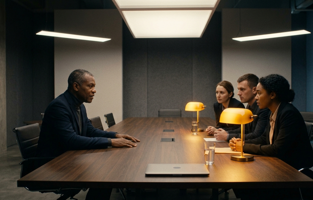 A leader sits across from their team in warm, low light with open body language and an honest expression, while team members lean in with genuine engagement. The image captures the moment when honest uncertainty creates more connection than performed confidence ever could, a nervous system response made visible.