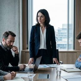 A female manager presents at a conference table while her team listens with a quiet guardedness, bodies slightly turned inward and engagement visibly reduced without any obvious cause. The image captures the invisible transmission of a leader's internal state to the people around them, what the neuroscience of emotional contagion looks like in a professional setting before anyone has named what is happening.