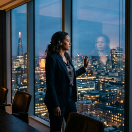 A CHRO stands alone at a darkened office window at dusk, her reflection layered over the city skyline, conveying the quiet weight of leading an organization through change no one fully prepared her for.