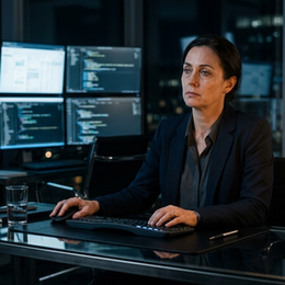 A burned-out executive stares at glowing screens in a dark office, hands on keyboard but not typing. The image captures cognitive fatigue and the quiet loss of leadership confidence that comes from over-relying on AI tools. The mood is exhaustion, not defeat.