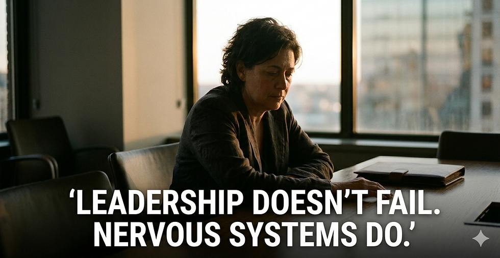 A woman executive sits alone at a boardroom table, head slightly bowed, hands resting on the surface. Dim, cinematic light filters through a large window behind her. The weight of leadership pressure is visible in her posture. Bold white text across the lower half reads: Leadership Doesn't Fail. Nervous Systems Do. This image represents the invisible cost of chronic stress on high-performing leaders and the neuroscience of leadership under pressure.