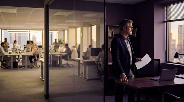 A leader stands still inside a glass-walled office holding a single printed page, one hand flat on the desk. The reflection of his team at their desks covers the glass in front of him. The mood is suspended and quiet, the moment after hard news arrives.