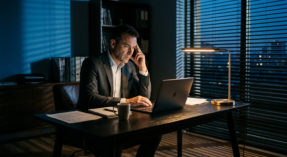 An executive sits alone at a desk late in the day, hand pressed to the temple, laptop glowing in dim light. Long shadow bars from window blinds cross the desk, and warm lamp light contrasts with cool blue light from the window, visually capturing end-of-day cognitive fatigue under sustained stress.