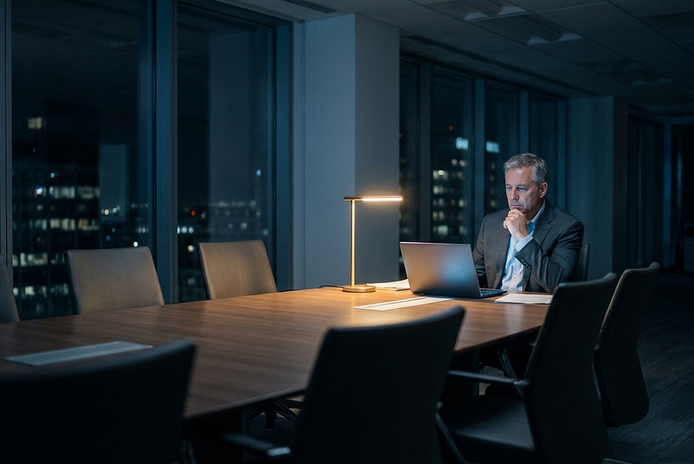 A lone executive sits at an empty conference table after hours, a laptop's blue glow reflected on their face, expression quietly stunned. The image conveys the isolating aftermath of being blamed for a decision made in good faith.