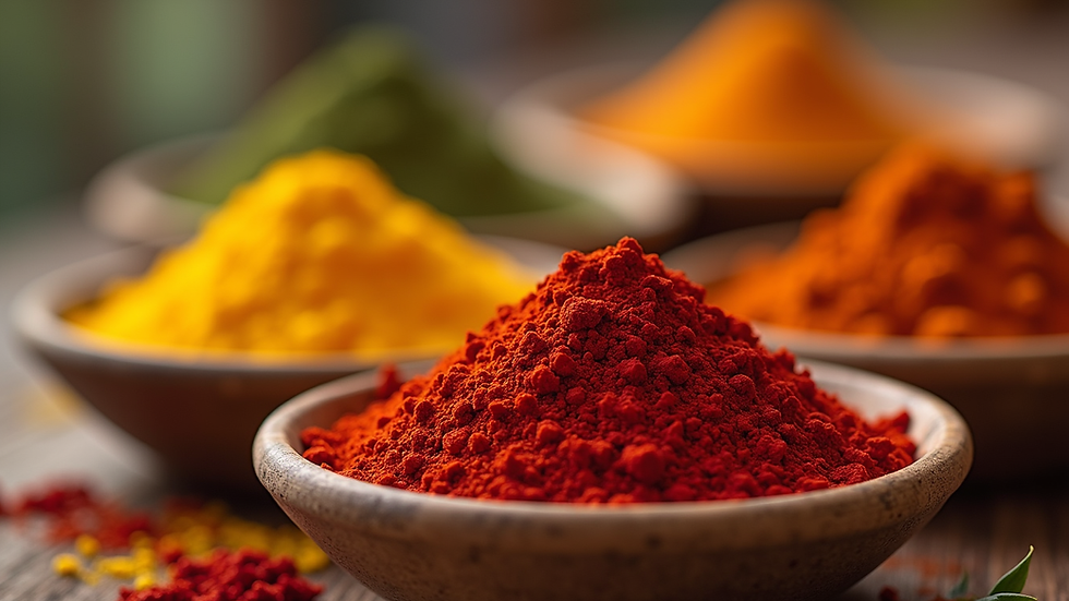 Close-up view of colorful spices in small bowls