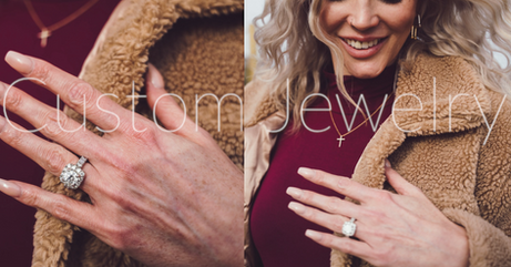 Custom Jewelry Flier - side to side photo of woman dawning a new diamond wedding ring