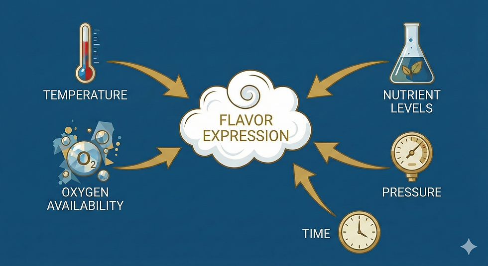 Diagram on blue shows "Flavor Expression" with arrows from icons: thermometer (Temperature), flask (Nutrient Levels), O2 (Oxygen), gauge (Pressure), clock (Time).
