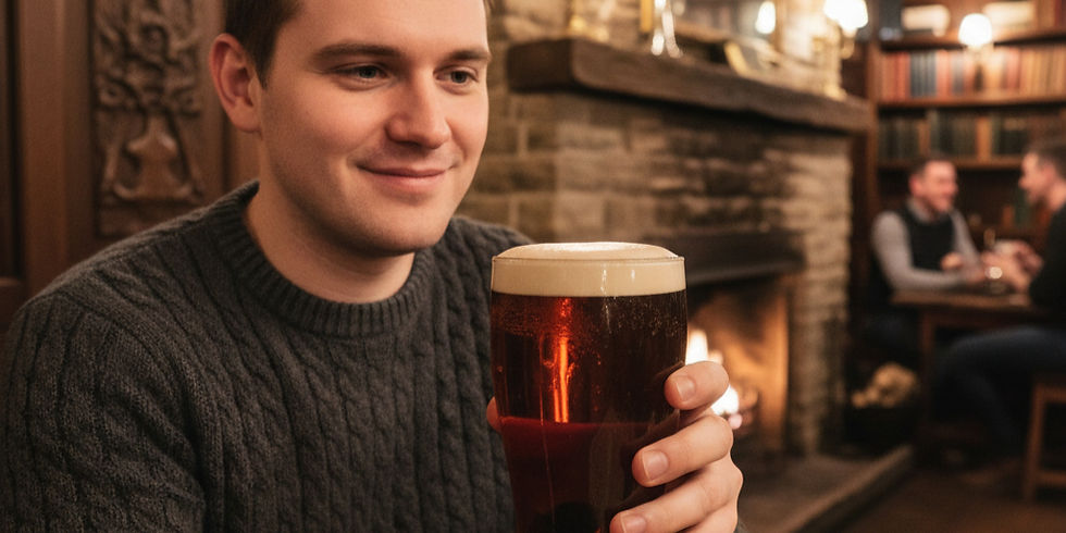 Smiling man in a cozy pub holds a pint of amber beer by a fireplace, with blurred diners in the background.