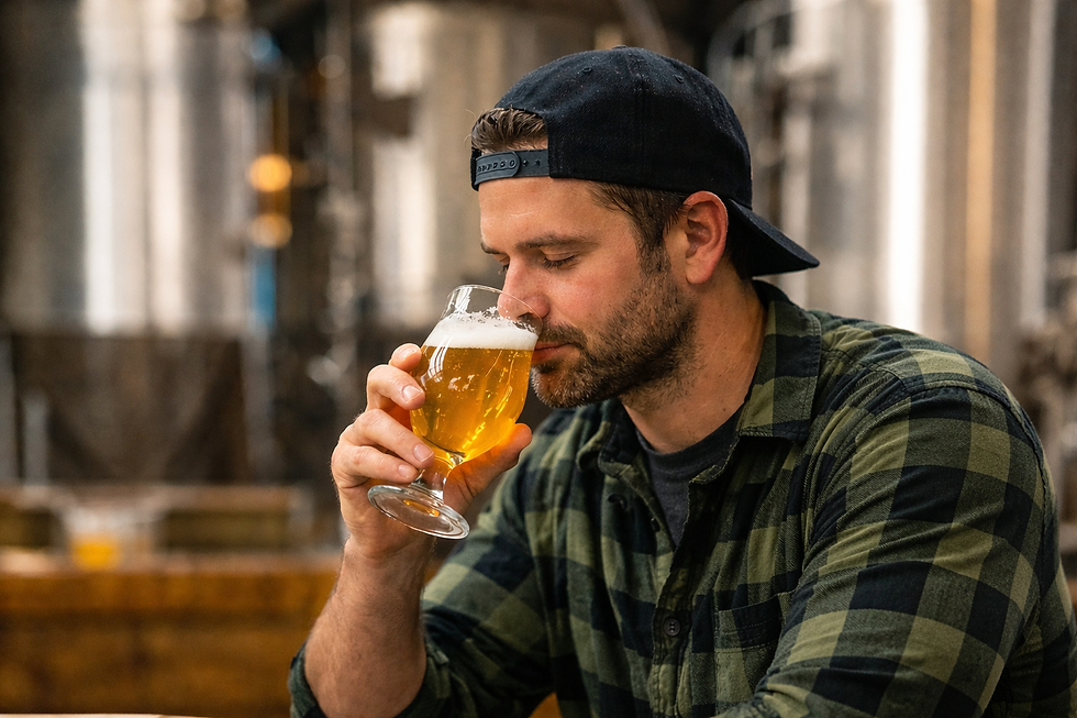 Man in a black cap and green plaid shirt smells a glass of golden beer, seated in a brewery with metal tanks in the background.