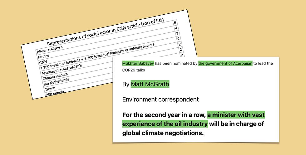 Screenshot of analysis of social actors in texts; one table enumerating the representations found in a CNN article; one piece of text with social actor representations highlighted