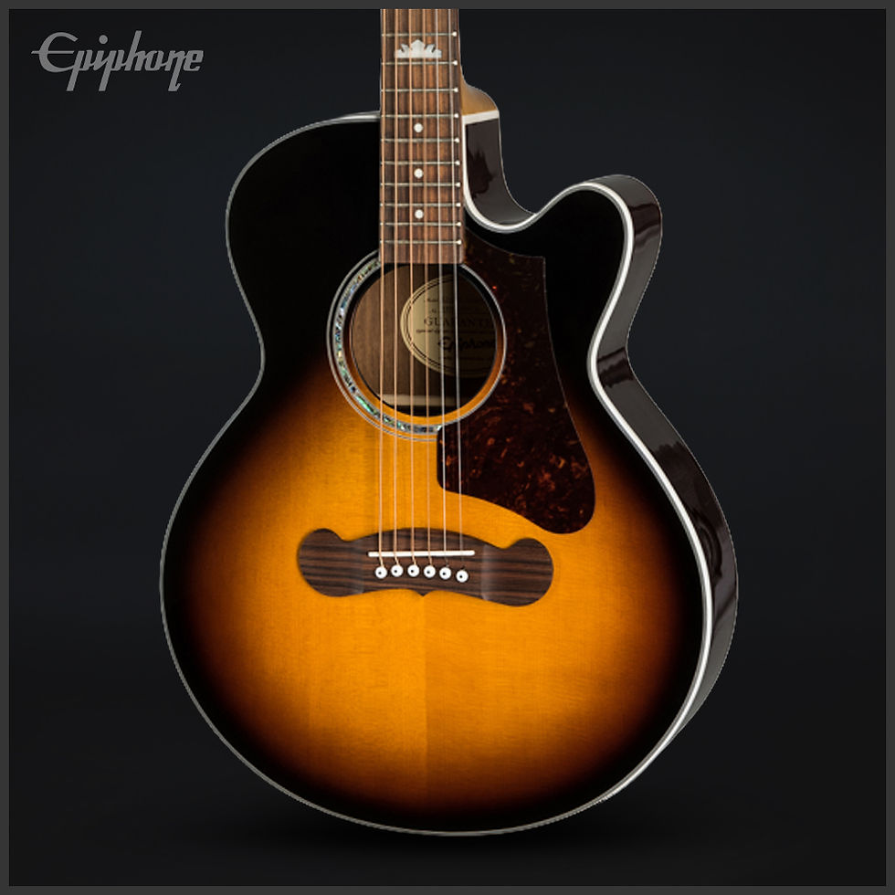 Sunburst acoustic guitar with a glossy black and orange finish, featuring six strings and the Epiphone logo, set against a dark background.
