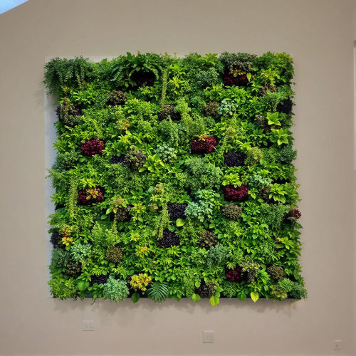 large living wall with mostly green but some coloured plants in three panels on wall on mo