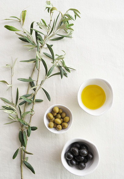 Olive branch, olive oil, and bowls of green and black olives, symbolizing Mediterranean wellness and healthy living.