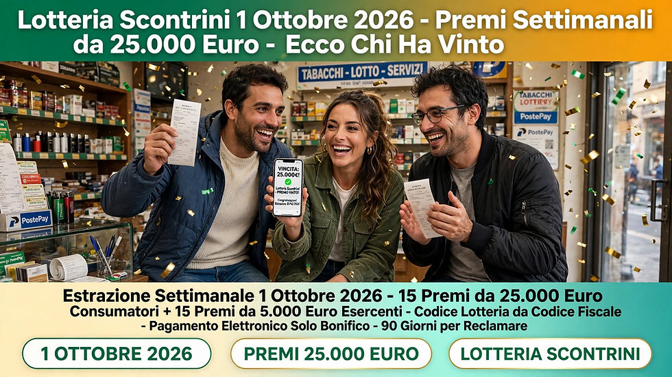 Premi settimanali da 25mila euro del 1 ottobre 2026 Lotteria Scontrini