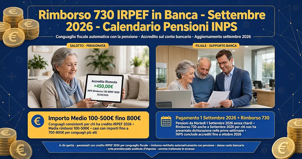 Settembre 2026 Calendario pagamenti pensioni INPS e Rimborso 730 su conto corrente bancario