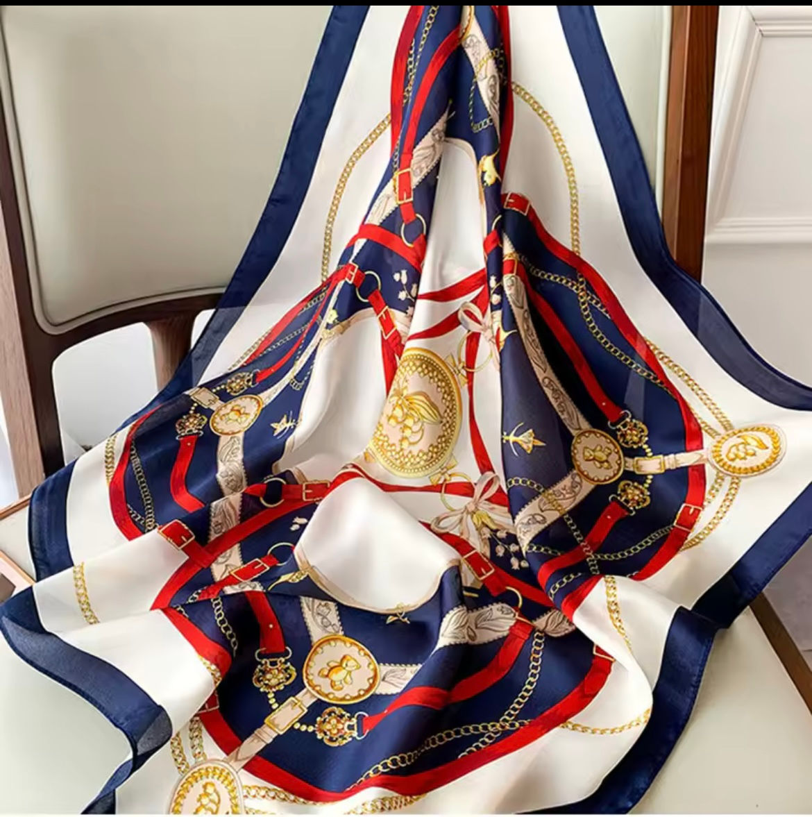 Regal Chain Print Satin Scarf – Navy & Crimson (70cm)”