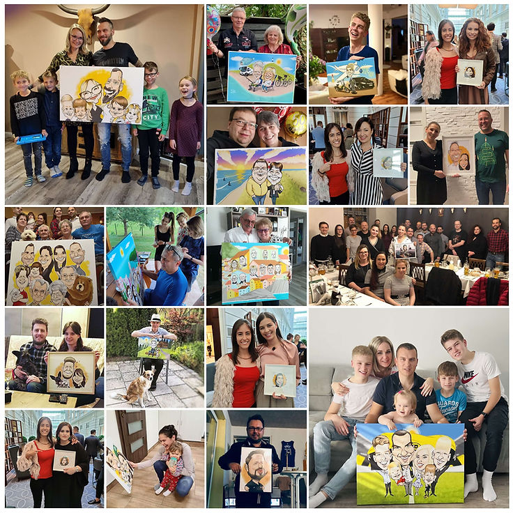 collage von glucklichen menschen mit karikatur