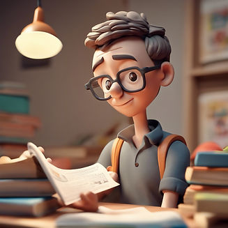 cartoon 3d clay character, thinking student reading information, no glasses, looking at a