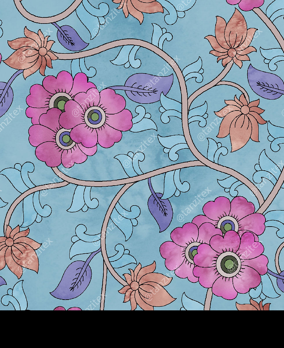 Floral pattern with pink and orange flowers on a turquoise background. Tanzitex Studio