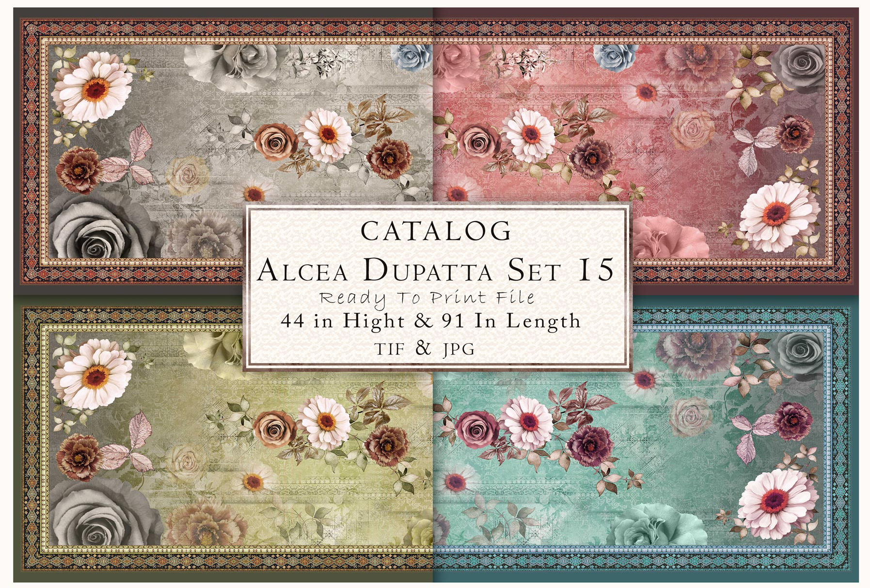 Catalog Alcea Dupatta Set 15, 44 in Hight & 91 Is Length TIFF & JPG images.