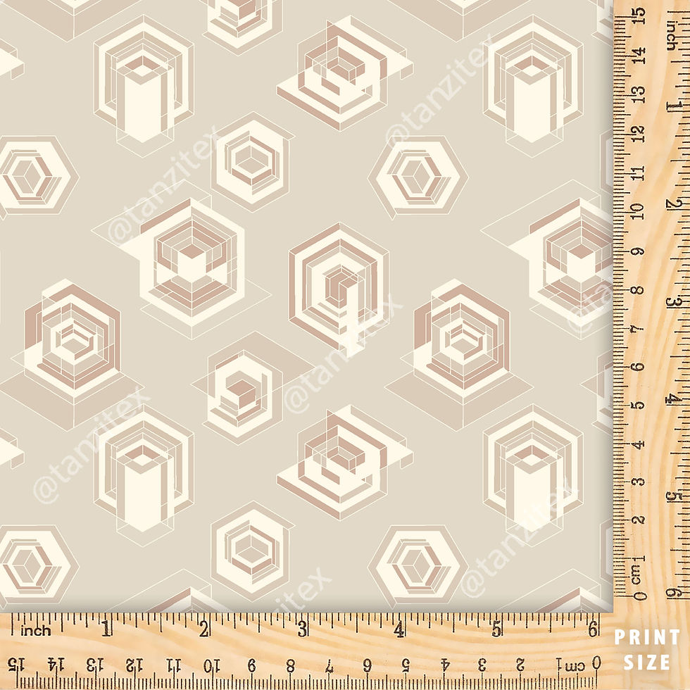 Geometric pattern fabric with beige and white design on neutral background from Tanzitex Studio