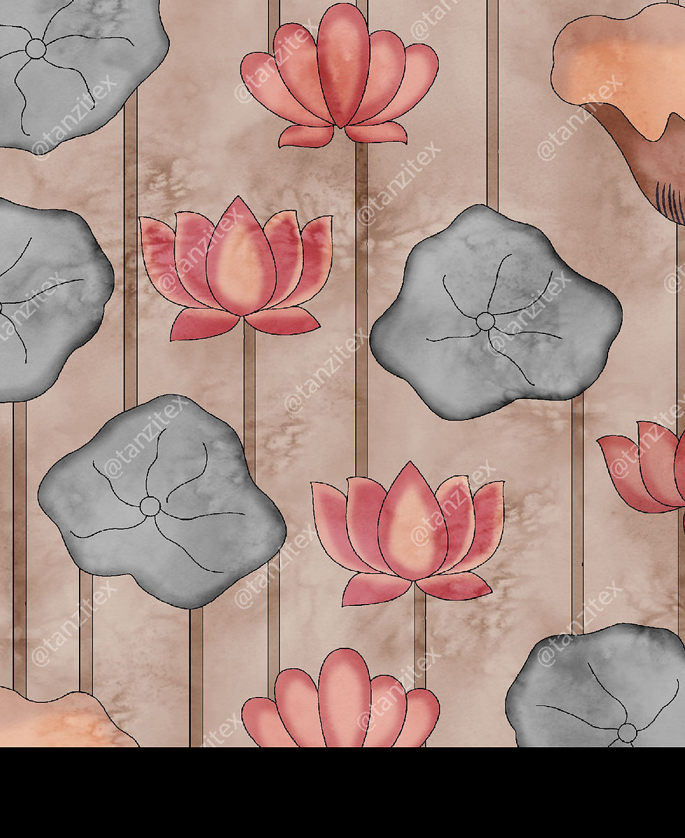 Pink lotus flowers and gray leaves pattern on a brown and beige background Tanzitex Studio