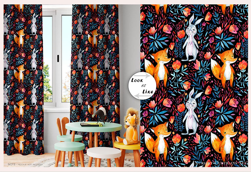 Floral curtains with fox and bunny pattern, decorative children's bedroom, Boon or Bien Tanzitex Studio